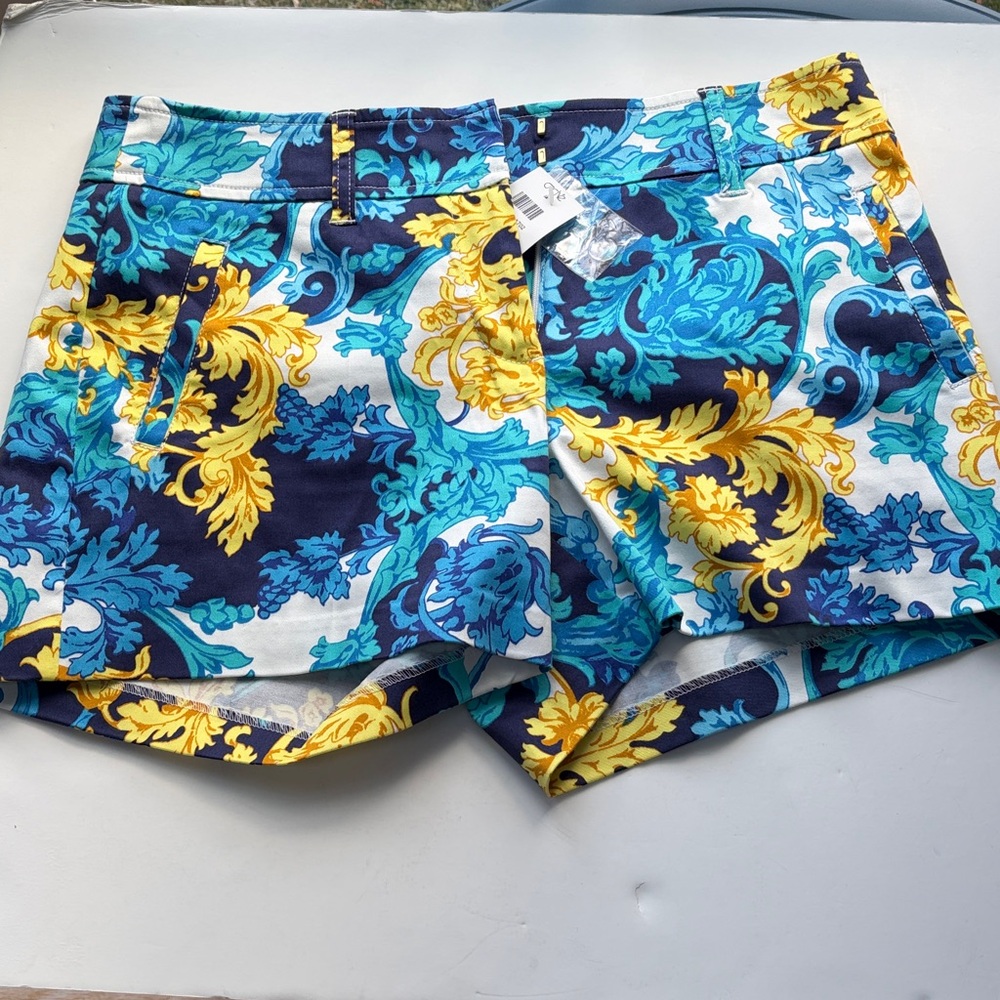 NWT Vintage CACHE Baroque Print Rococo Blue Yellow White Chic High Waist Shorts